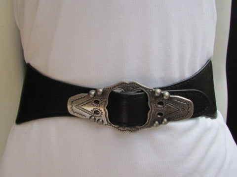 Black Faux Leather Elastic Waist Hip Belt Silver Moroccan Buckle New Women Fashion Accessories S M - alwaystyle4you - 1