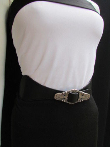 Black Faux Leather Elastic Waist Hip Belt Silver Moroccan Buckle New Women Fashion Accessories S M - alwaystyle4you - 8