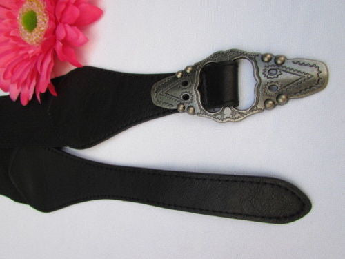 Black Faux Leather Elastic Waist Hip Belt Silver Moroccan Buckle New Women Fashion Accessories S M - alwaystyle4you - 9