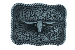 Western Square Metal Dark Silver Belt Buckle Bull Cow Long Horn Casual Texas