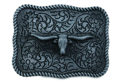 Western Square Metal Dark Silver Belt Buckle Bull Cow Long Horn Casual Texas