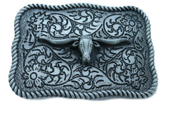 Western Square Metal Dark Silver Belt Buckle Bull Cow Long Horn Casual Texas