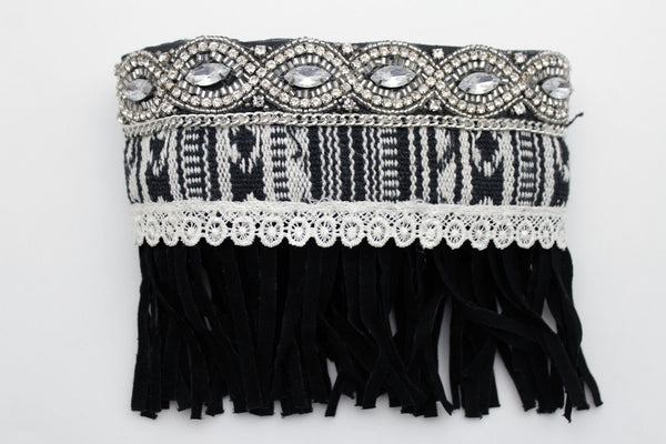 Black Faux Leather Fringes Cream Lace Rhinestone Boot Toppers Boho Women Western Accessories