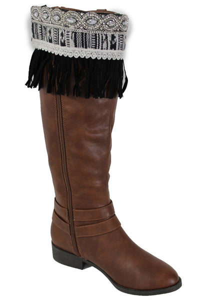 Black Faux Leather Fringes Cream Lace Rhinestone Boot Toppers Boho Women Western Accessories