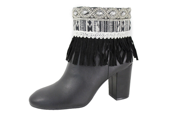 Black Faux Leather Fringes Cream Lace Rhinestone Boot Toppers Boho Women Western Accessories