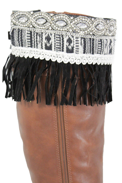 Black Faux Leather Fringes Cream Lace Rhinestone Boot Toppers Boho Women Western Accessories
