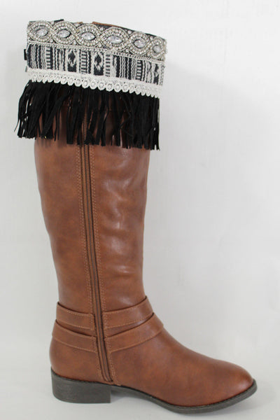 Black Faux Leather Fringes Cream Lace Rhinestone Boot Toppers Boho Women Western Accessories