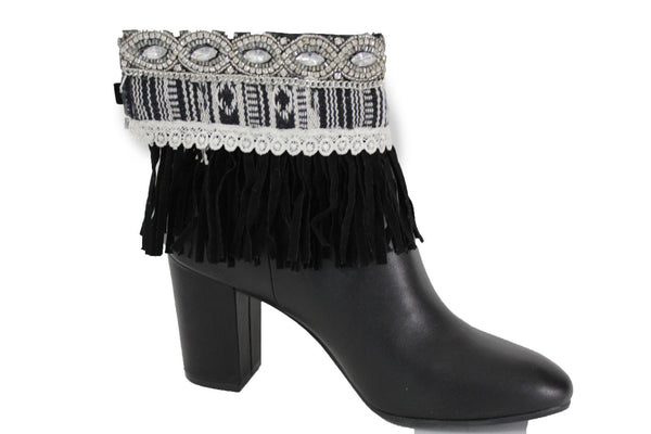Black Faux Leather Fringes Cream Lace Rhinestone Boot Toppers Boho Women Western Accessories