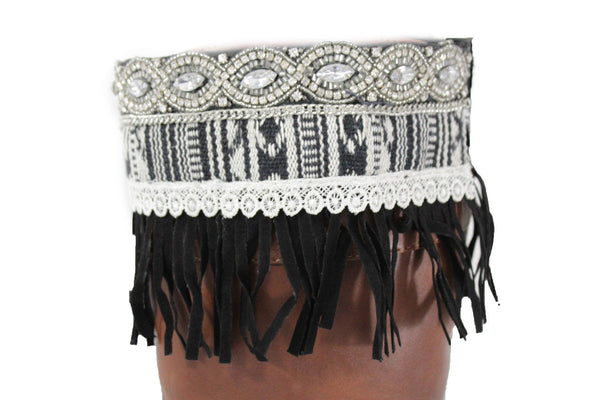 Black Faux Leather Fringes Cream Lace Rhinestone Boot Toppers Boho Women Western Accessories
