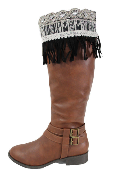 Black Faux Leather Fringes Cream Lace Rhinestone Boot Toppers Boho Women Western Accessories