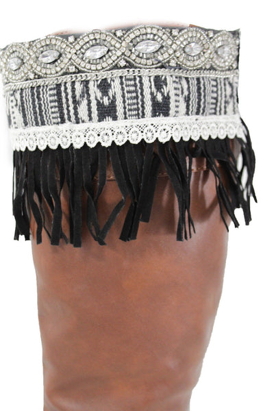 Black Faux Leather Fringes Cream Lace Rhinestone Boot Toppers Boho Women Western Accessories
