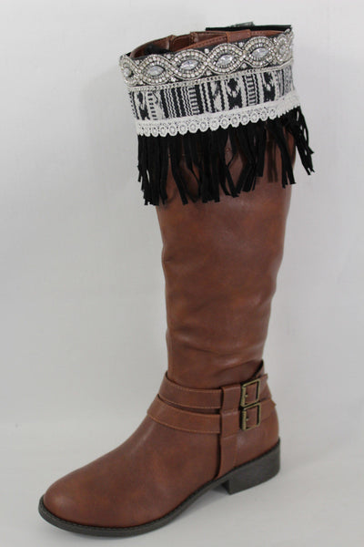Black Faux Leather Fringes Cream Lace Rhinestone Boot Toppers Boho Women Western Accessories