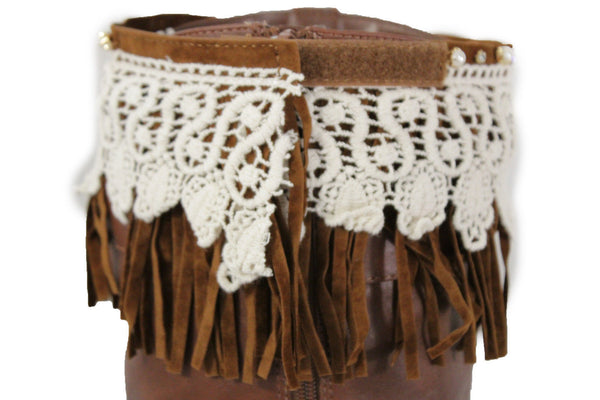 Brown Faux Leather Long Fringes Knee High Lace Boot Toppers Boho New Women Accessories