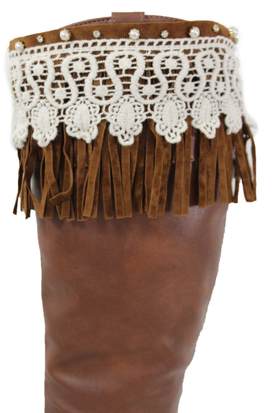 Brown Faux Leather Long Fringes Knee High Lace Boot Toppers Boho New Women Accessories