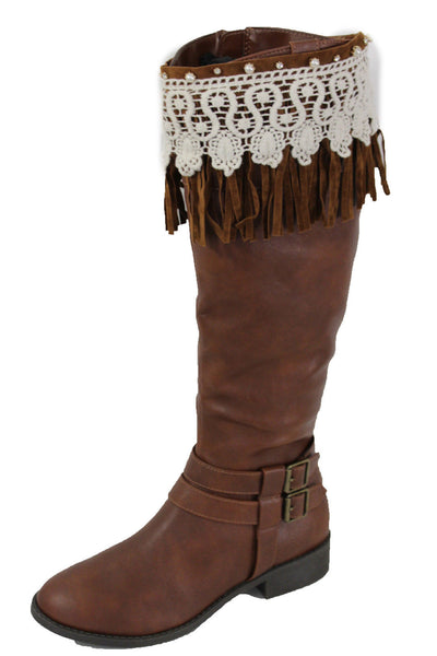 Brown Faux Leather Long Fringes Knee High Lace Boot Toppers Boho New Women Accessories