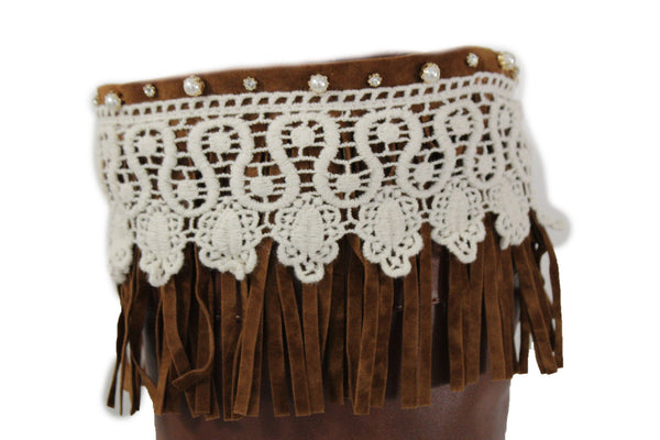 Brown Faux Leather Long Fringes Knee High Lace Boot Toppers Boho New Women Accessories