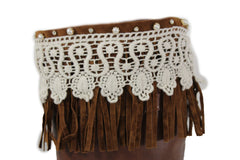 Brown Faux Leather Long Fringes Knee High Lace Boot Toppers Boho
