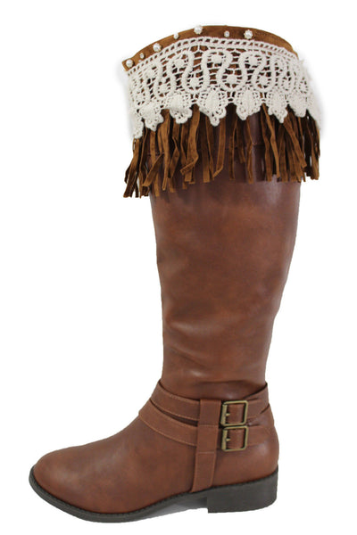 Brown Faux Leather Long Fringes Knee High Lace Boot Toppers Boho New Women Accessories
