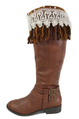 Brown Faux Leather Long Fringes Knee High Lace Boot Toppers Boho