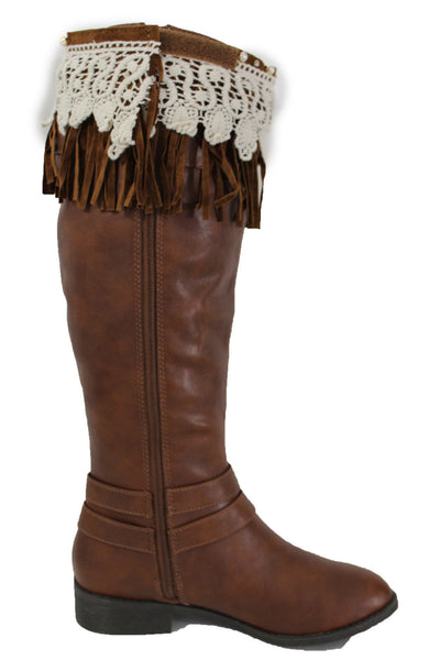 Brown Faux Leather Long Fringes Knee High Lace Boot Toppers Boho New Women Accessories