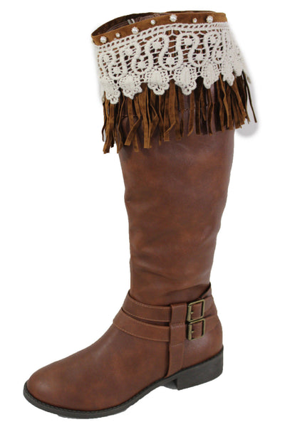 Brown Faux Leather Long Fringes Knee High Lace Boot Toppers Boho New Women Accessories