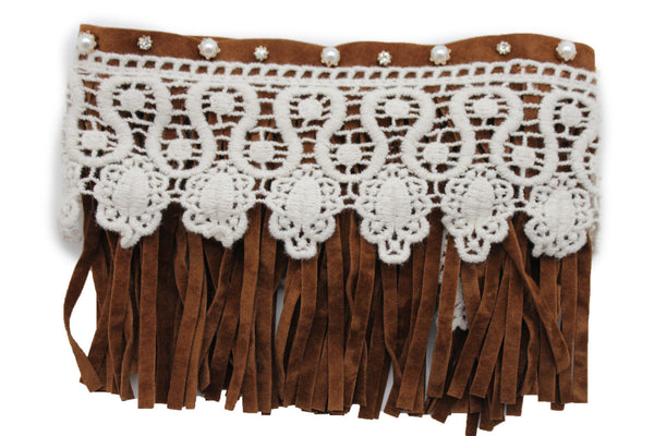 Brown Faux Leather Long Fringes Knee High Lace Boot Toppers Boho New Women Accessories