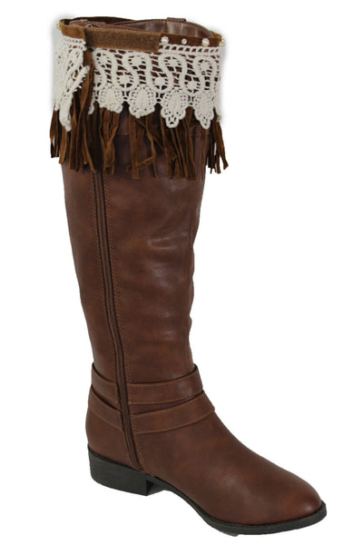 Brown Faux Leather Long Fringes Knee High Lace Boot Toppers Boho New Women Accessories