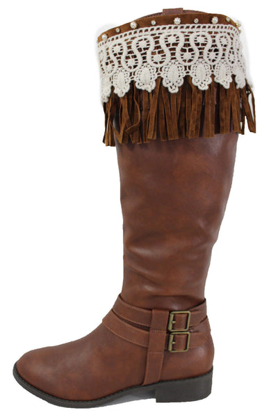 Brown Faux Leather Long Fringes Knee High Lace Boot Toppers Boho New Women Accessories