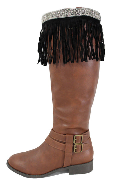 Black Faux Leather Fringes Knee High Boot Toppers Long Silver Bead Women Accessories