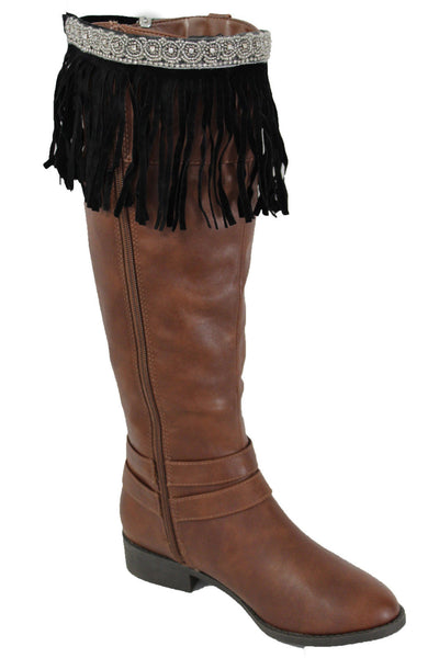 Black Faux Leather Fringes Knee High Boot Toppers Long Silver Bead Women Accessories