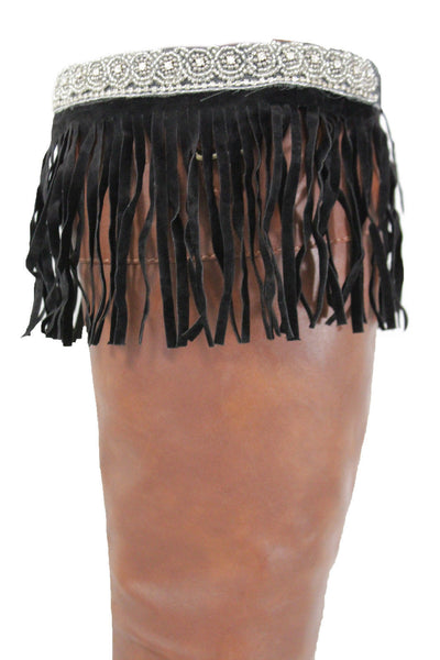 Black Faux Leather Fringes Knee High Boot Toppers Long Silver Bead Women Accessories