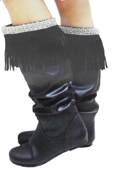 Black Faux Leather Fringes Knee High Boot Toppers Long Silver Bead Women Accessories