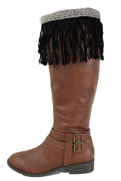 Black Faux Leather Fringes Knee High Boot Toppers Long Silver Bead Women Accessories