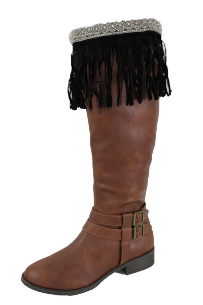 Black Faux Leather Fringes Knee High Boot Toppers Long Silver Bead Women Accessories