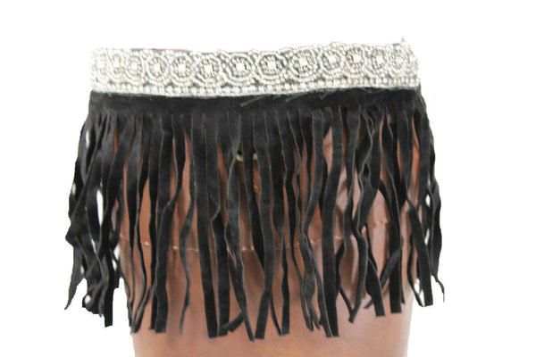 Black Faux Leather Fringes Knee High Boot Toppers Long Silver Bead Women Accessories