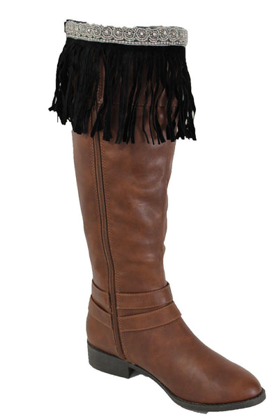 Black Faux Leather Fringes Knee High Boot Toppers Long Silver Bead Women Accessories