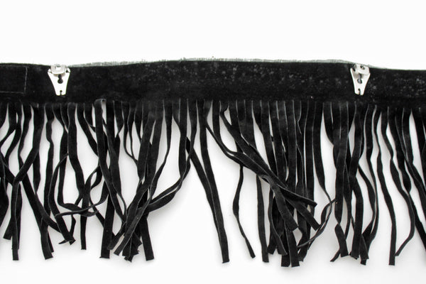 Black Faux Leather Fringes Knee High Boot Toppers Long Silver Bead Women Accessories