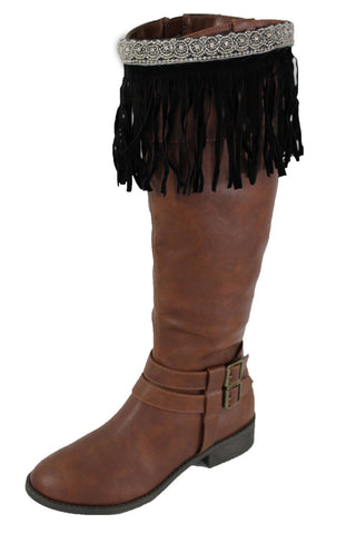 Black Faux Leather Fringes Knee High Boot Toppers Long Silver Bead Women Accessories