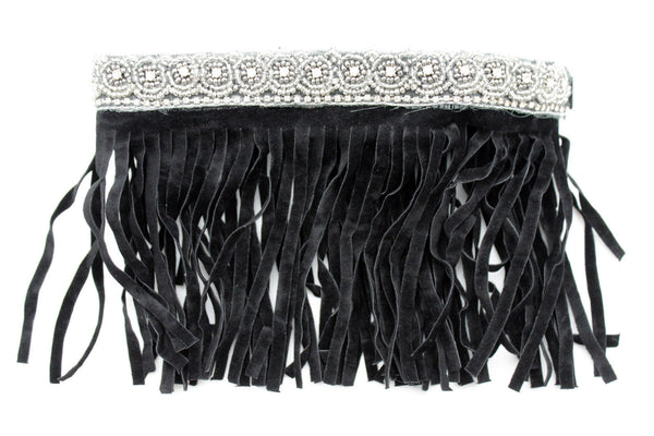 Black Faux Leather Fringes Knee High Boot Toppers Long Silver Bead Women Accessories