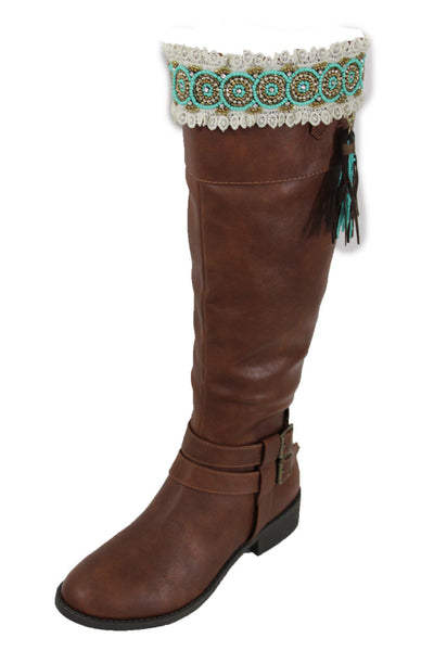 White Winter Boot Toppers Turquoise Blue Gold Bead Knee High Tassel Lace New Women Western Fashion Accessories