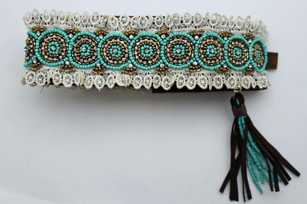 White Winter Boot Toppers Turquoise Blue Gold Bead Knee High Tassel Lace New Women Western Fashion Accessories
