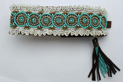 White Winter Boot Toppers Turquoise Blue Gold Bead Knee High Tassel Lace Women Western
