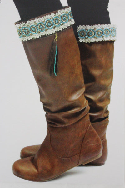 White Winter Boot Toppers Turquoise Blue Gold Bead Knee High Tassel Lace New Women Western Fashion Accessories
