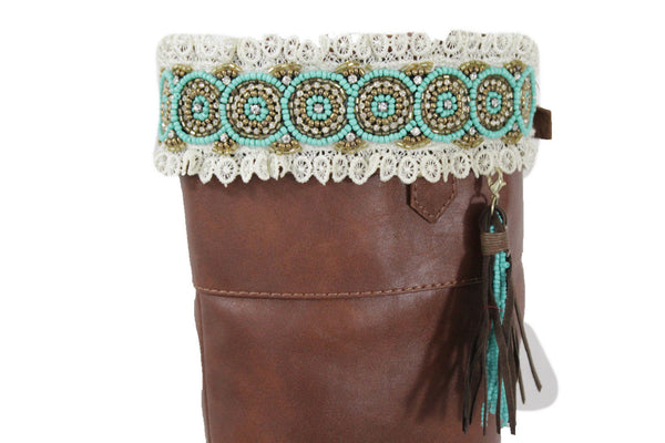 White Winter Boot Toppers Turquoise Blue Gold Bead Knee High Tassel Lace New Women Western Fashion Accessories