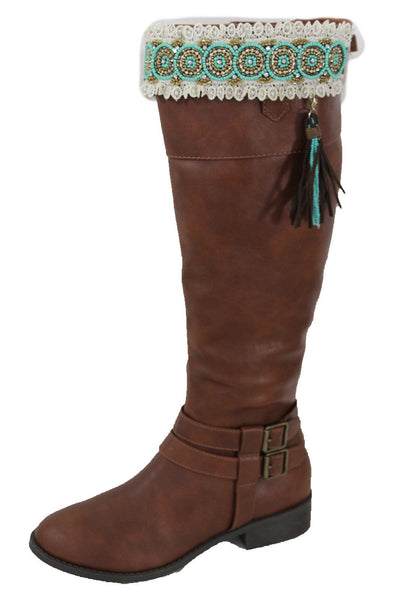 White Winter Boot Toppers Turquoise Blue Gold Bead Knee High Tassel Lace New Women Western Fashion Accessories