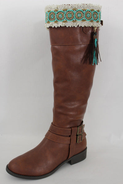 White Winter Boot Toppers Turquoise Blue Gold Bead Knee High Tassel Lace New Women Western Fashion Accessories