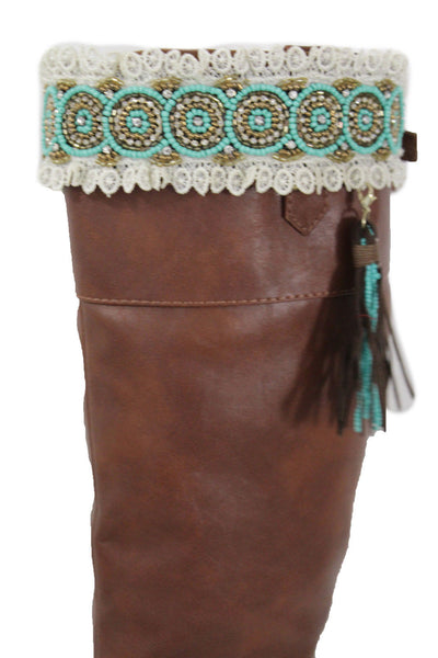 White Winter Boot Toppers Turquoise Blue Gold Bead Knee High Tassel Lace New Women Western Fashion Accessories