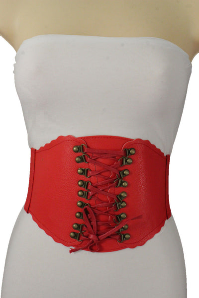 White Black Red Elastic Faux Leather Wide Corset Belt Slimming Front Tie Gold Women Accessories S M