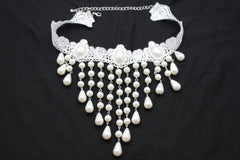 White Lace Fabric Goth Choker Necklace Cream Imitation Pearl Beads