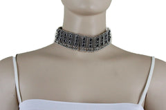 Women Antique Silver Metal Set Choker Short Necklace Black Beads